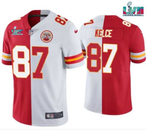 Mens Kansas City Chiefs #87 Travis Kelce Red & White Split Super Bowl LVII Patch Limited Stitched Jersey->->NFL Jersey